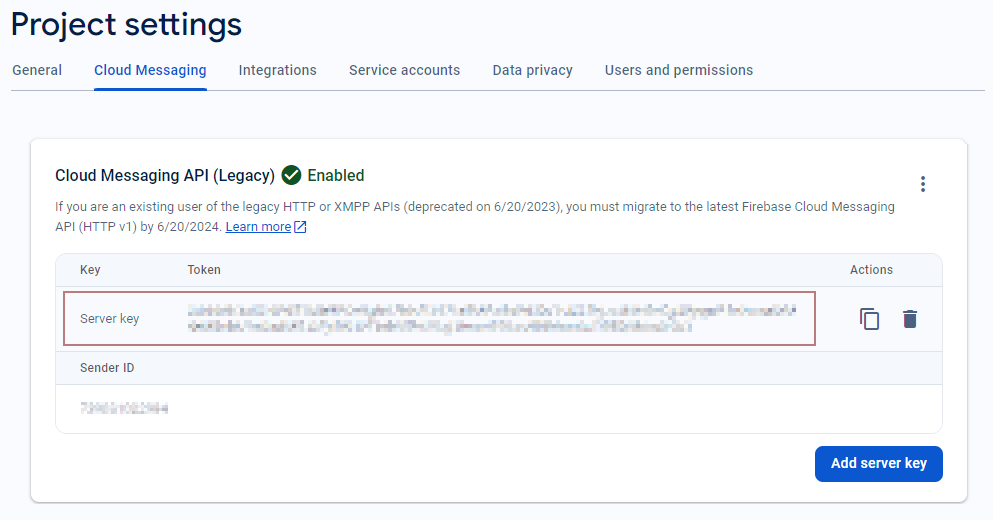 Firebase Console Cloud Messaging Settings