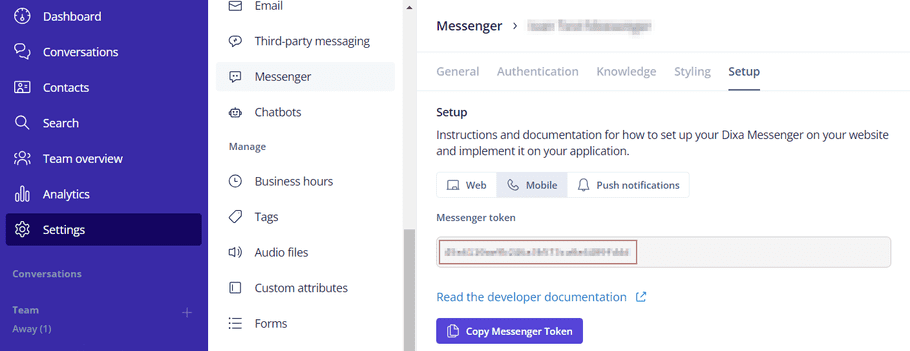 Messenger Token in Dixa Dashboard