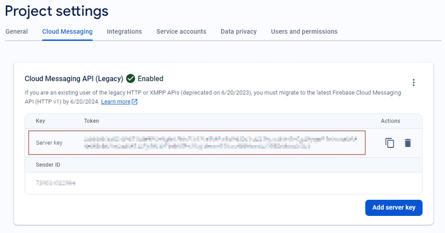 Firebase Console Cloud Messaging Settings